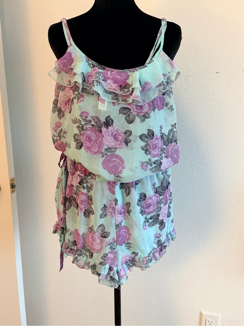 Forever 21 Mint Floral Ruffle Romper with Pink Roses